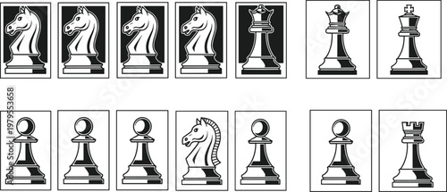 Chess pieces icons in square frames, black and white vector illustration set featuring king queen knight rook pawn design