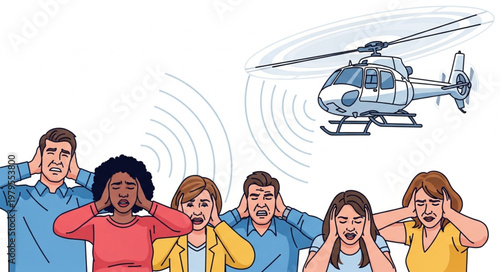 Helicopter noise pollution affecting people covering ears.