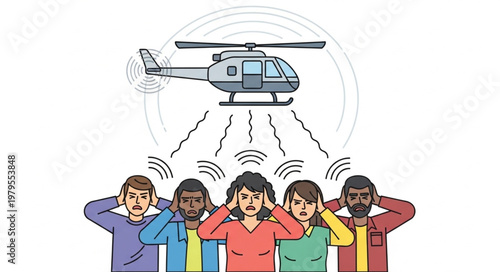Helicopter noise pollution affecting people covering ears.