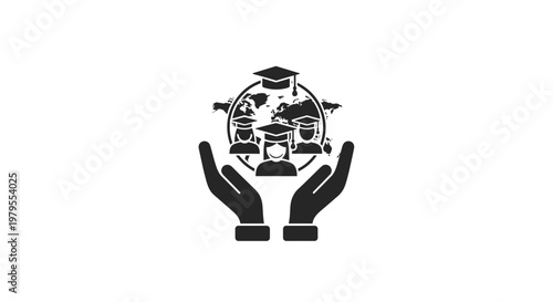 Global Education Support Icon Featuring Hands Holding Graduating Students on a World Map