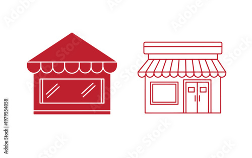 Red storefront two awning shops on white background, building