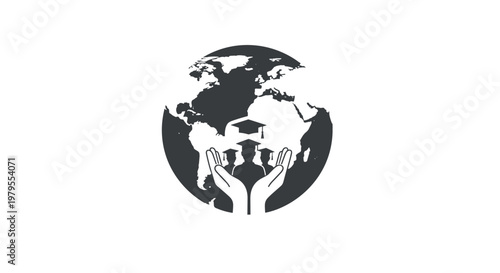 Global Education Support Icon with Hands Holding Graduating Students Under Earth