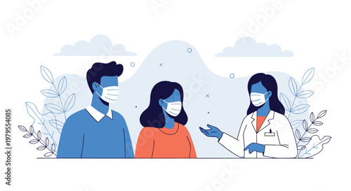 Medical professional in lab coat consulting a man and woman wearing protective face masks in a modern healthcare setting.