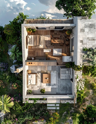 Top-down view of a partially-sectioned dwelling. Interior reveals a bedroom, dining area, kitchen, and living space. Verdant vegetation surrounds the structure