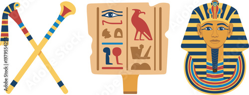 golden tutankhamun death mask with crossed crook and flail plus papyrus scroll illustration