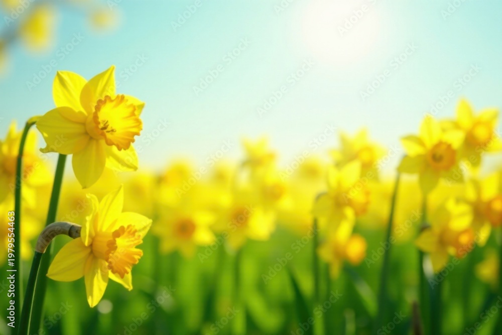 Fototapeta premium Vibrant Yellow Daffodils Blooming in a Sunny Field, a Symbol of Springtime Renewal and Natural Beauty