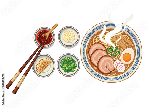 Ramen Delights: A vibrant and appetizing illustration of a classic Japanese ramen bowl, accompanied by an array of flavorful accompaniments.