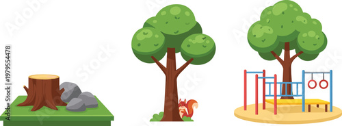 Park Nature and Playground Vector Set with Trees Tree Stump Rocks and Outdoor Kids Play Area Illustration Collection