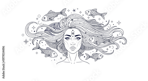 Detailed black and white illustration of a mystical woman with long hair entwined with swimming fish and stars.