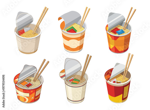 Noodle Cup Variety: An appetizing assortment of instant noodle cups, each containing savory noodles and colorful toppings, ready to enjoy.