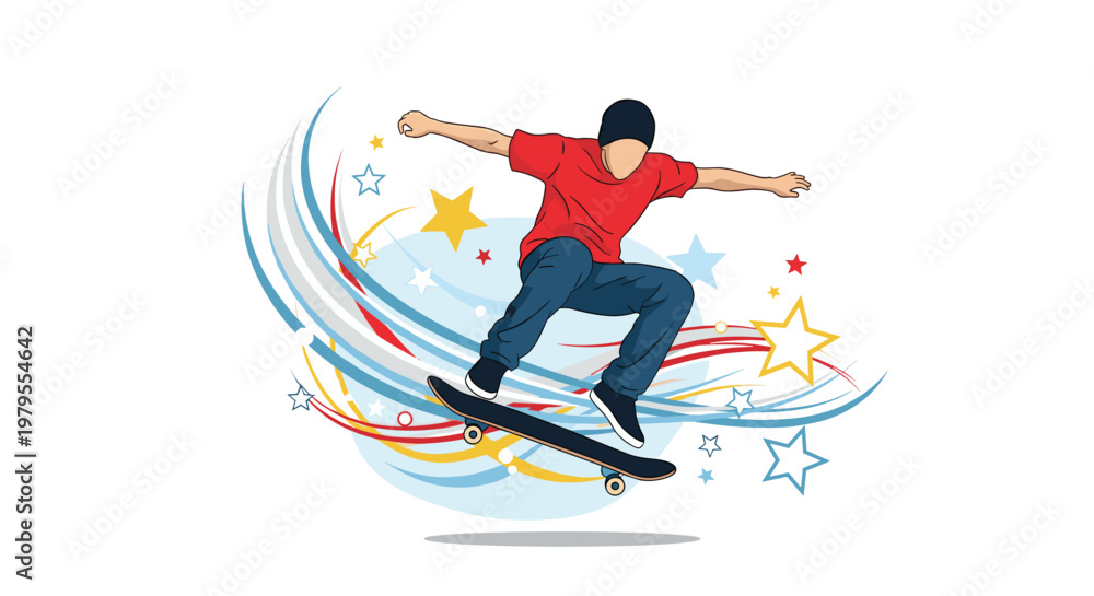 Obraz premium Young man performing a jump on a skateboard with colorful dynamic lines and bright stars in the background.