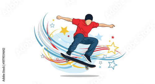 Young man performing a jump on a skateboard with colorful dynamic lines and bright stars in the background.