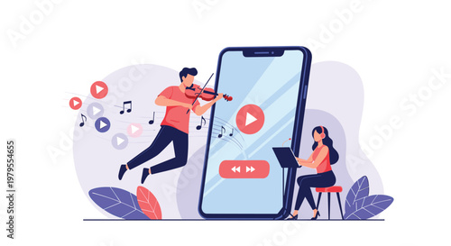 People using a mobile smartphone app to play and create music with a violin player and a girl on a tablet device.