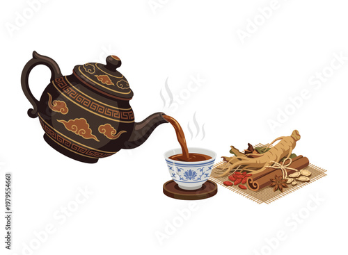 Brewing Tradition: An elegant teapot pours a fragrant herbal infusion into a delicate teacup, accompanied by a collection of natural ingredients, ready to brew a healthful beverage.