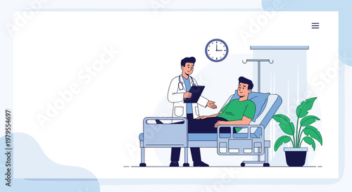 Medical doctor with a clipboard talking to a male patient lying in a hospital bed during a regular ward round.