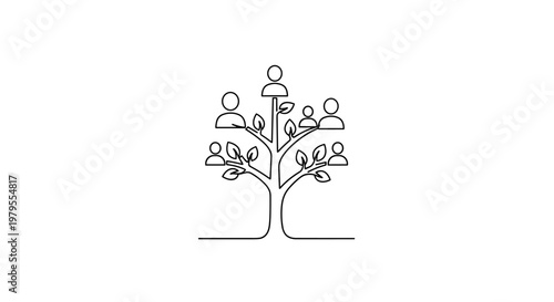 Continuous Line Drawing of Family Tree with People Icons on White Background