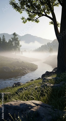 Serene Morning River Scene with Misty Mountains and Trees.