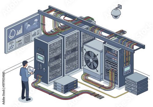Data center operations with servers, cooling, and security systems illustrated