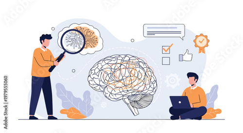 Scientists and researchers analyzing a large human brain with a magnifying glass and laptop for mental health.