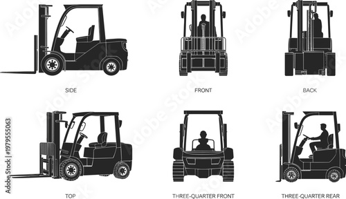 Flat vector forklift truck silhouette silhouettes cad drawing illustration side front back top three quarter front three quarter rear views