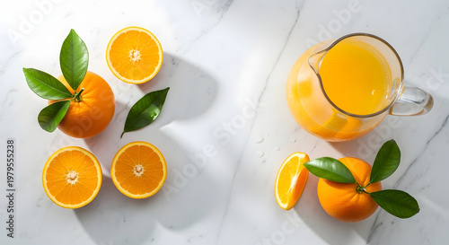 Glass pitcher of orange juice with fresh whole and halved oranges on a white marble table