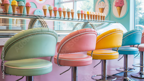 Colorful soda fountain bar stools arranged by ice cream counter  