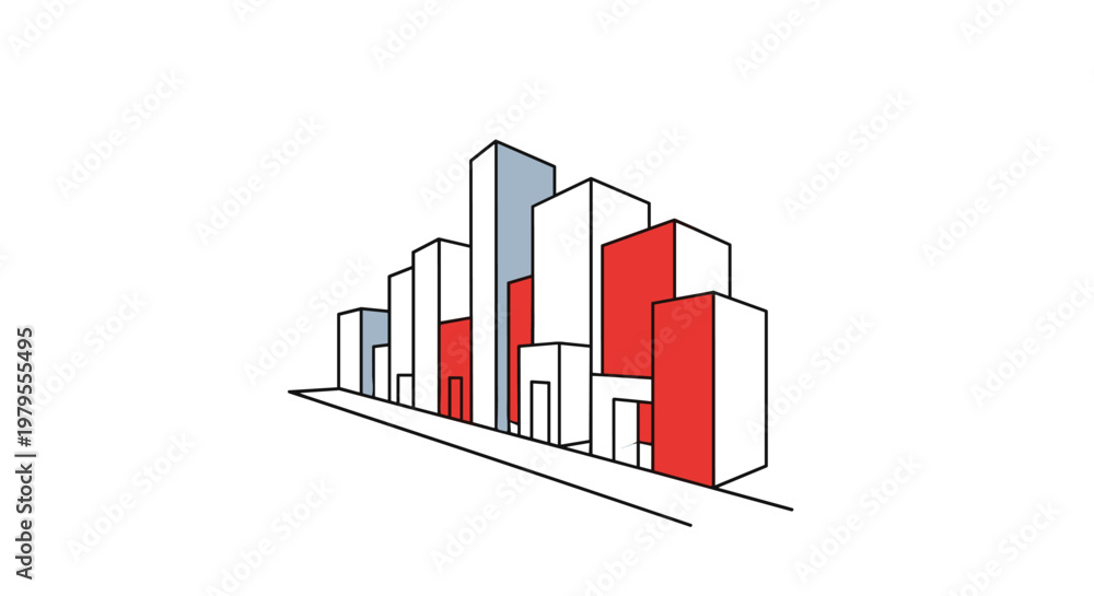 Fototapeta premium Stylized Cityscape with Red and Blue Accent Buildings
