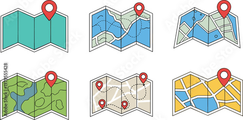 Folded Map Vector Set with Location Pins Navigation Routes City Plans and Travel Direction Illustration Collection