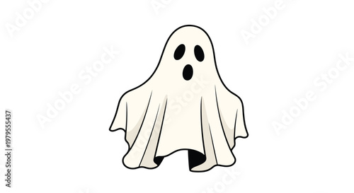 Classic spooky white ghost with large black eyes and mouth floating on a white background for a Halloween theme.