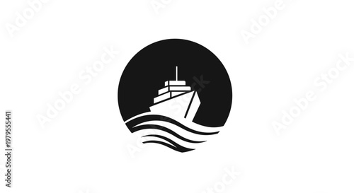 Minimalist Ship Icon in Circle with Waves