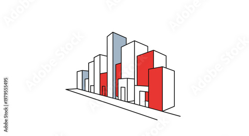 Stylized Cityscape with Red and Blue Accent Buildings