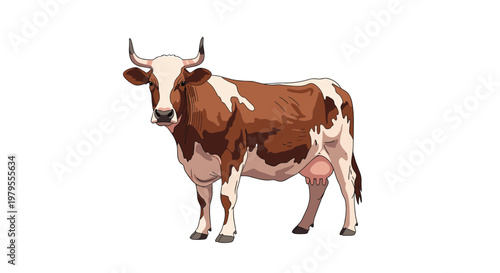 Detailed realistic illustration of a brown and white dairy cow standing on an isolated plain white background.