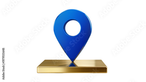 Glossy blue location marker icon atop gold rectangular pedestal
