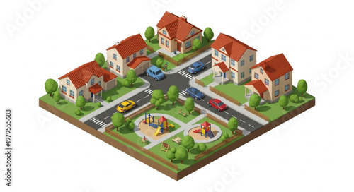 Houses and cars on streets.