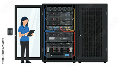 Network operations center with technician overseeing server racks