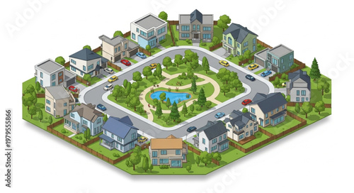 Houses around a green park.