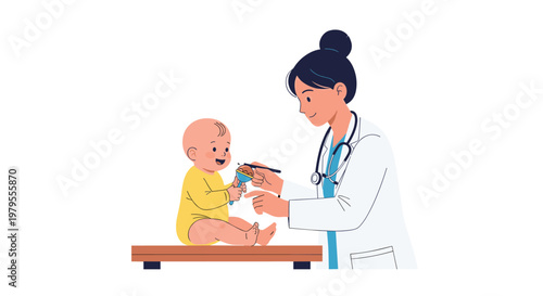 Female pediatrician in a white coat examines a happy baby on a medical table during a regular checkup at the doctor office.