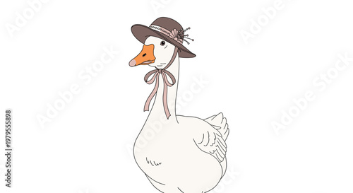 White goose illustration wearing a vintage brown bonnet with a bow tie looks elegant in this charming animal character design.