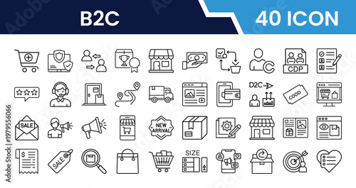 B2C Vector Set of 40 Icons Featuring Business, Consumer, and Online Marketing Elements for Web and App Design