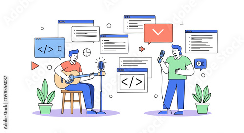 Musician Duo Performing with Acoustic Guitar and Digital Code Icons