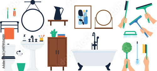 Bathroom Cleaning and Hygiene Vector Set with Bathtub Sink Toilet Mirror and Cleaning Tools Illustration Collection