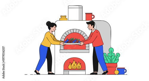 Couple baking fresh berries in a traditional wood fire oven