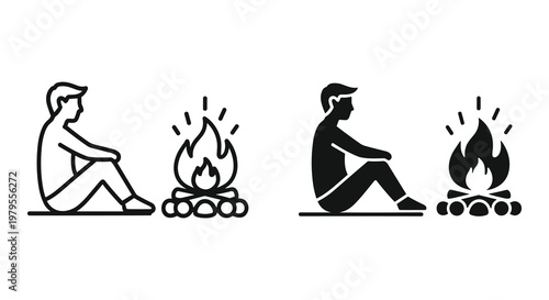 Icon illustration of a man sitting by campfire in solid and outline