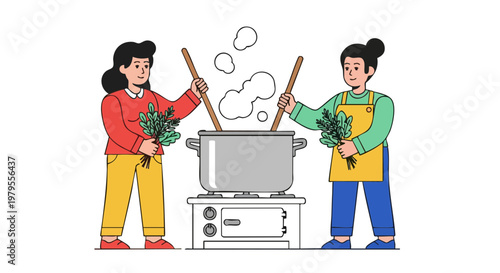 Two women cooking fresh farm stew in a large pot illustration