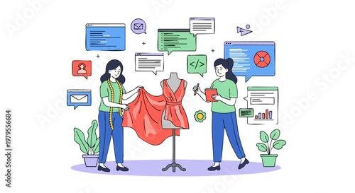 Professional fashion designers draping fabric on mannequin vector