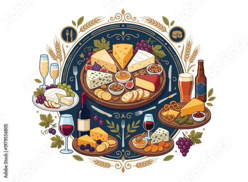 Cheese and Wine Delights: A vibrant and elegant illustration showcasing an array of artisanal cheeses, paired with exquisite wines, offering a visual feast for the senses.