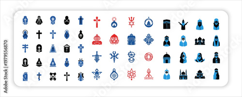 Religious Symbols Icon Set, Christianity Islam Judaism Hinduism Buddhism Sikhism Faith Vector web Collection