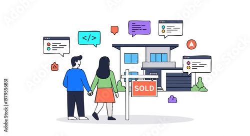 Young Couple Buying Modern Home with Digital Real Estate Icons