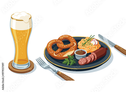 Oktoberfest Feast: A traditional Oktoberfest platter featuring a tall glass of frothy beer, a soft pretzel, wurst, dipping sauce and potato salad, ready to savor the culinary delights.