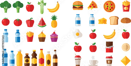 Food and Drink Icon Vector Set with Fruits Fast Food Beverages Bread Snacks and Grocery Illustration Collection
